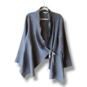 Bryn Walker Lagenlook Linen Tie Front Grey Jacket Size XL